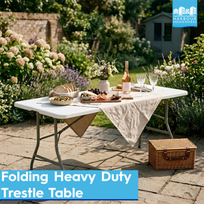 Harbour Housewares Folding Trestle Table - 180cm (6ft) - White - Rectangle Portable Space Saving Heavy Duty Table Indoor & Outdoor