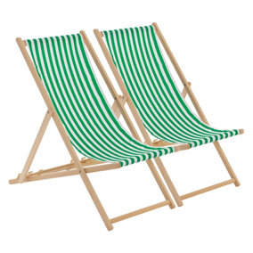 Harbour Housewares - Folding Wooden Beach Chairs - Green Stripe - Pack of 2