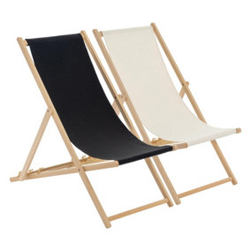 Harbour Housewares - Folding Wooden Deck Chairs - Black/Cream - Pack of 2