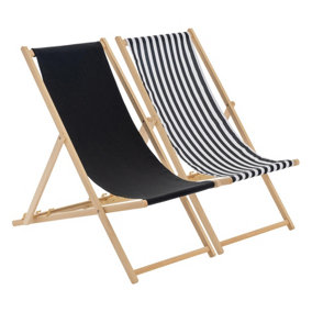 Harbour Housewares - Folding Wooden Deck Chairs - Black/Stripe - Pack of 2