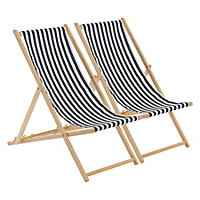 Harbour Housewares - Folding Wooden Deck Chairs - Black Stripe - Pack of 2