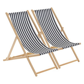 Harbour Housewares - Folding Wooden Deck Chairs - Black Stripe - Pack of 2