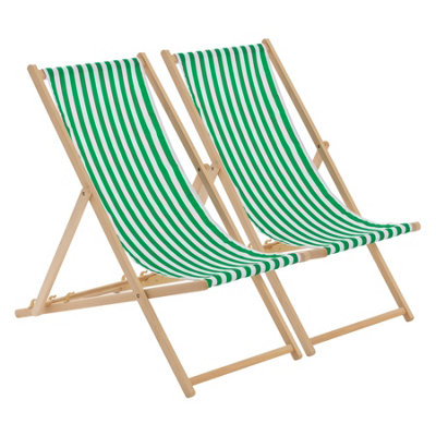 Harbour Housewares - Folding Wooden Deck Chairs - Green Stripe - Pack of 2