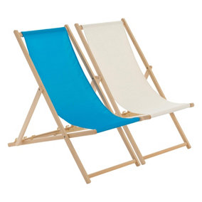 Harbour Housewares - Folding Wooden Deck Chairs - Light Blue/Natural - Pack of 2