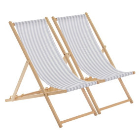 Harbour Housewares - Folding Wooden Deck Chairs - Light Grey Stripe - Pack of 2