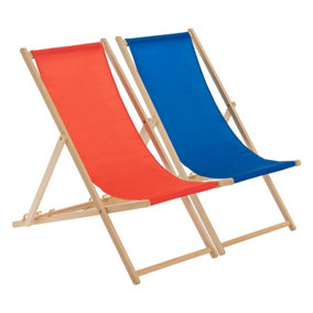 Harbour Housewares - Folding Wooden Deck Chairs - Red/Blue - Pack of 2