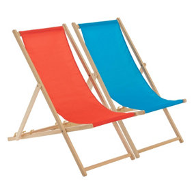 Harbour Housewares - Folding Wooden Deck Chairs - Red/Light Blue - Pack of 2