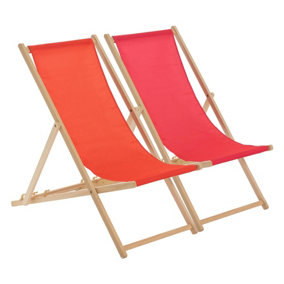 Harbour Housewares - Folding Wooden Deck Chairs - Red/Pink - Pack of 2