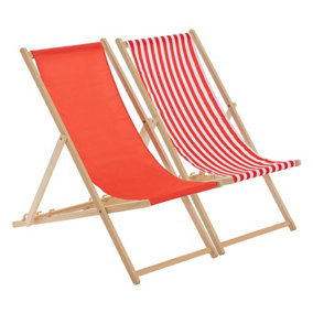 Harbour Housewares - Folding Wooden Deck Chairs - Red/Stripe - Pack of 2