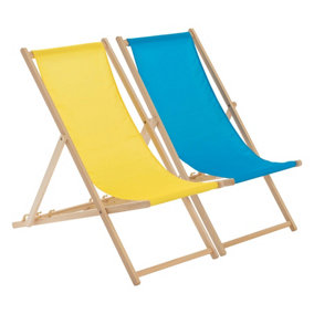 Harbour Housewares - Folding Wooden Deck Chairs - Yellow/Light Blue - Pack of 2