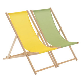 Harbour Housewares - Folding Wooden Deck Chairs - Yellow/Lime Green - Pack of 2