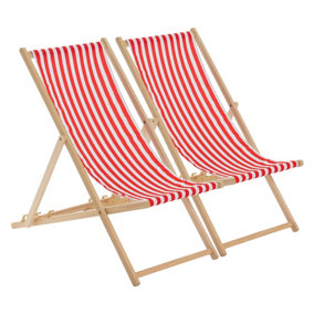 Harbour Housewares - Folding Wooden Garden Deck Chairs - Red Stripe - Pack of 2
