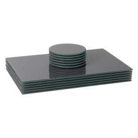 Harbour Housewares - Glass Placemats & Round Coasters Set - 30cm x 20cm - Grey - 12pc