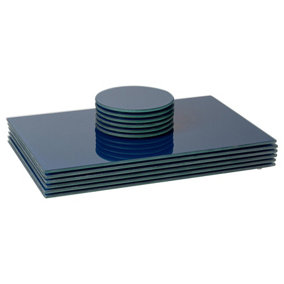 Harbour Housewares - Glass Placemats & Round Coasters Set - 30cm x 20cm - Hague Blue - 12pc