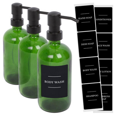 Harbour Housewares Glass Soap Dispensers with Labels - 500ml - Green/Black - Pack of 3