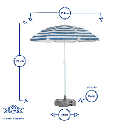 Harbour Housewares - Metal Beach Parasol & Base Set - 1.74 x 1.93m - Blue Stripe/Grey - 3