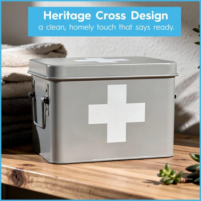 Harbour Housewares Metal First Aid Box - 23cm - Grey - Medical Storage ...
