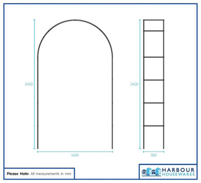 Harbour Housewares Metal Garden Arbour Arch - 2.4m x 1.4m - Large Wide Heavy-Duty Outdoor Plants Flower Archway Pergola Trellis
