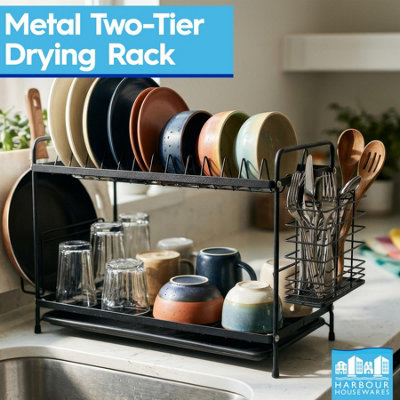 Harbour Housewares Metal Kitchen Dish Drainer Rack 2-Tier Cutlery ...