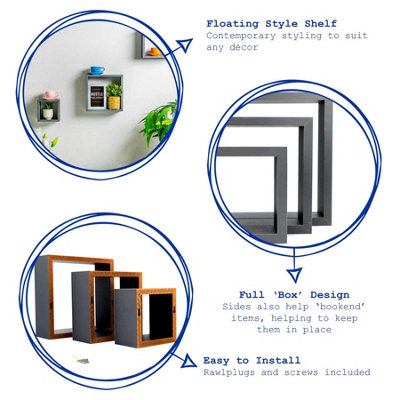 Harbour Housewares - Modern Box Floating Wall Shelves - 25cm - Grey - Pack of 3