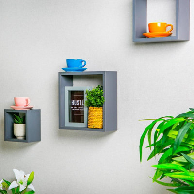 Harbour Housewares - Modern Box Floating Wall Shelves - 25cm - Grey - Pack of 3