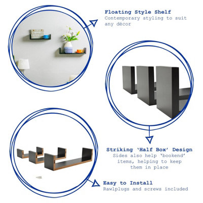 Harbour Housewares Modern U Shaped Floating Wall Shelves - 42cm - Black - Pack of 6