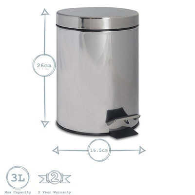 Harbour Housewares - Round Bathroom Pedal Bin - 3 Litre - Chrome - 3