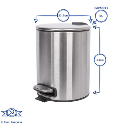 Harbour Housewares Round Stainless Steel Pedal Bin - 5L - Black
