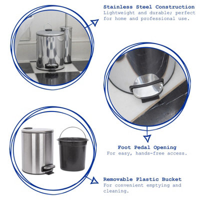 Harbour Housewares Round Stainless Steel Pedal Bins - 5L - White - Pack of 2
