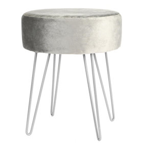 Harbour Housewares Round Velvet Footstool - Grey/Silver