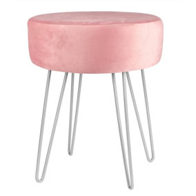 Harbour Housewares Round Velvet Footstool - Pink/Silver