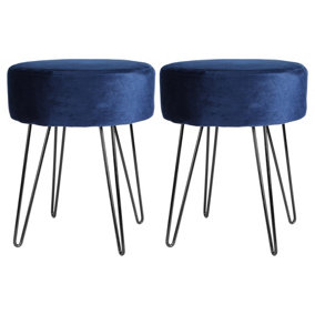 Harbour Housewares Round Velvet Footstools - Blue/Black - Pack of 2