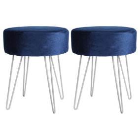 Harbour Housewares Round Velvet Footstools - Blue/Silver - Pack of 2