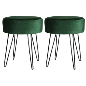 Harbour Housewares Round Velvet Footstools - Green/Black - Pack of 2