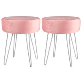 Harbour Housewares Round Velvet Footstools - Pink/Silver - Pack of 2