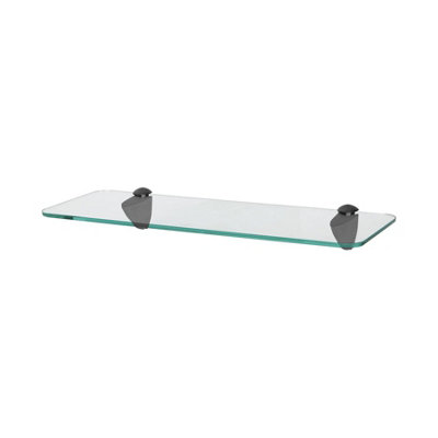 Harbour Housewares Rounded Floating Glass Bathroom Shelf with Black Brackets - 40cm
