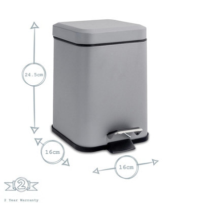 Harbour Housewares - Square Bathroom Pedal Bin - 3 Litre - Matt Grey - 3