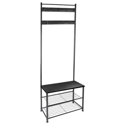 Harbour Housewares Square Steel Coat Rack with Shoe Storage Bench - Black/Black