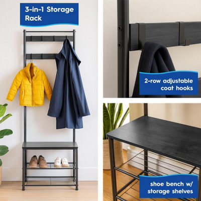 Harbour Housewares Square Steel Coat Rack with Shoe Storage Bench - Black/Black