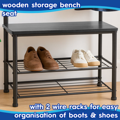 Harbour Housewares Square Steel Coat Rack with Shoe Storage Bench - Black/Black - 4