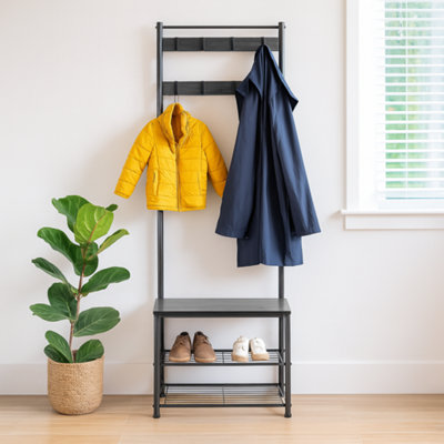 Harbour Housewares Square Steel Coat Rack with Shoe Storage Bench - Black/Black - 5
