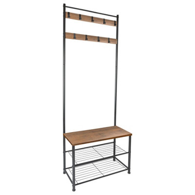 Harbour Housewares Square Steel Coat Rack with Shoe Storage Bench - Black/Brown