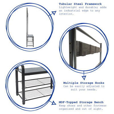 Harbour Housewares Square Steel Coat Rack with Shoe Storage Bench - Black/Brown