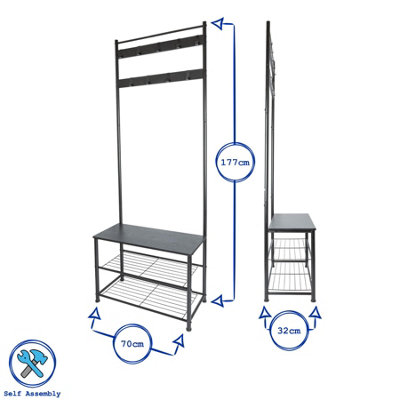 Harbour Housewares Square Steel Coat Rack with Shoe Storage Bench - Black/Brown - 3