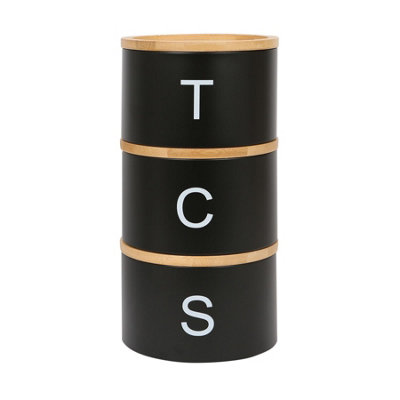 Harbour Housewares Stacking Tea Coffee Sugar Canister Set with Bamboo Lids - Black - 3pc