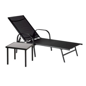 Harbour Housewares - Sussex Sun Lounger and Side Table Set - Adjustable Reclining Outdoor Patio Furniture - cm - Black