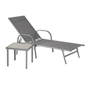 Harbour Housewares - Sussex Sun Lounger and Side Table Set - Adjustable Reclining Outdoor Patio Furniture - cm - Grey