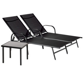 Harbour Housewares - Sussex Sun Loungers and Table Set - 2 Garden Adjustable Loungers with 1 Side Table - Modern Design - Black