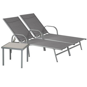 Harbour Housewares - Sussex Sun Loungers and Table Set - 2 Garden Adjustable Loungers with 1 Side Table - Modern Design - Grey