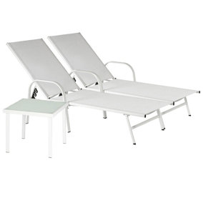 Harbour Housewares - Sussex Sun Loungers and Table Set - 2 Garden Adjustable Loungers with 1 Side Table - Modern Design - White